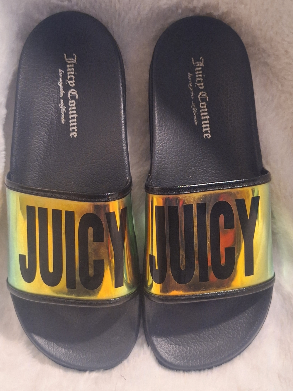 Juicy Couture Black Slides with Gold Holographic 'JUICY' Strap